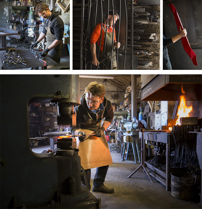 Workshop pictures - forge, drop hammer, wrought iron gate, origami shelf